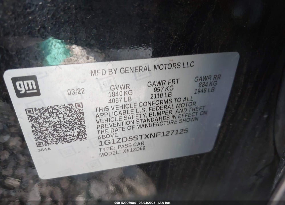 2022 CHEVROLET MALIBU VIN: 1G1ZD5STXNF127125