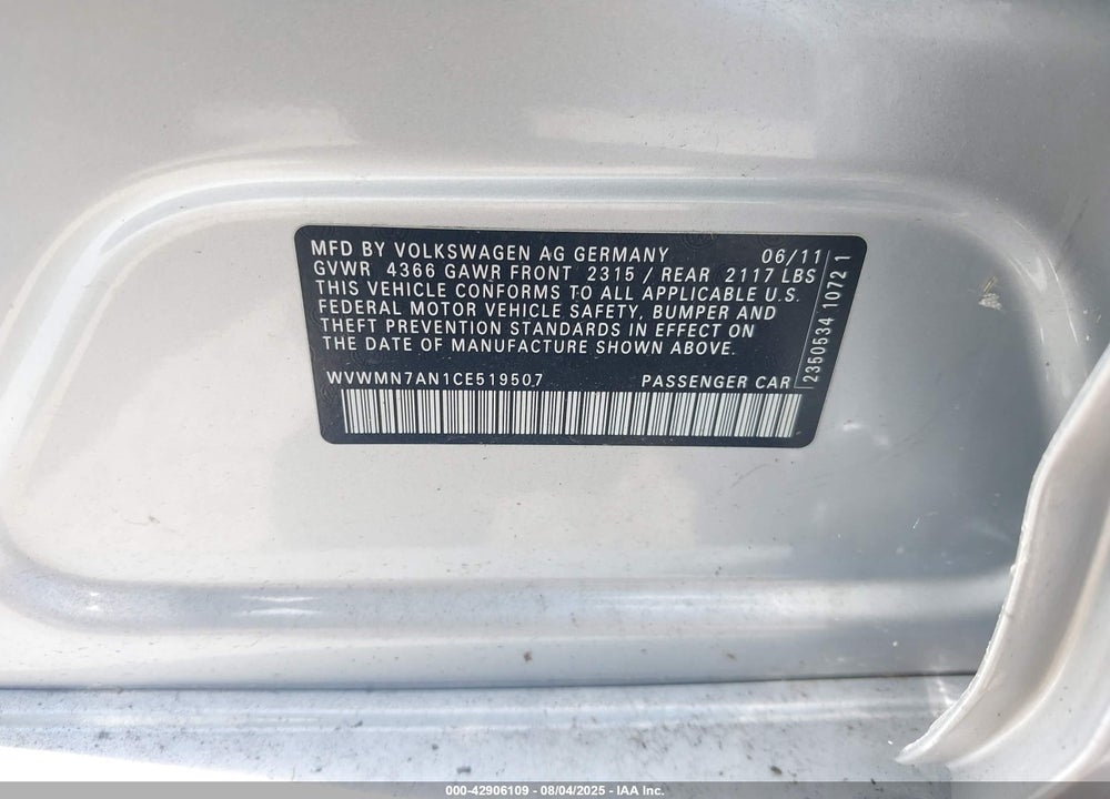 2012 VOLKSWAGEN CC SPORT VIN: WVWMN7AN1CE519507