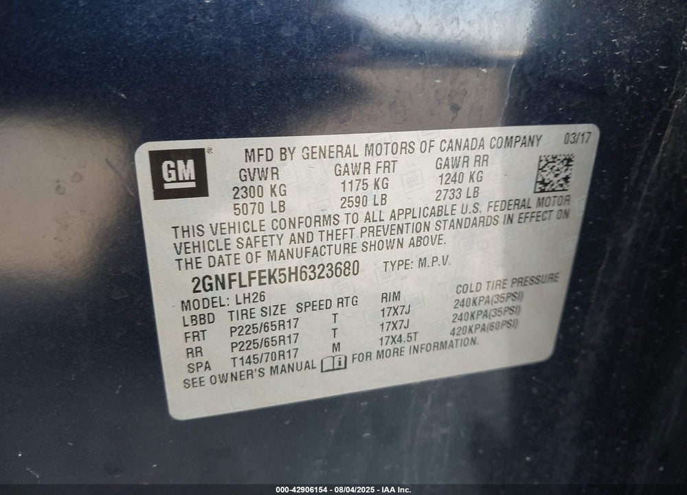 2017 CHEVROLET EQUINOX VIN: 2GNFLFEK5H6323680