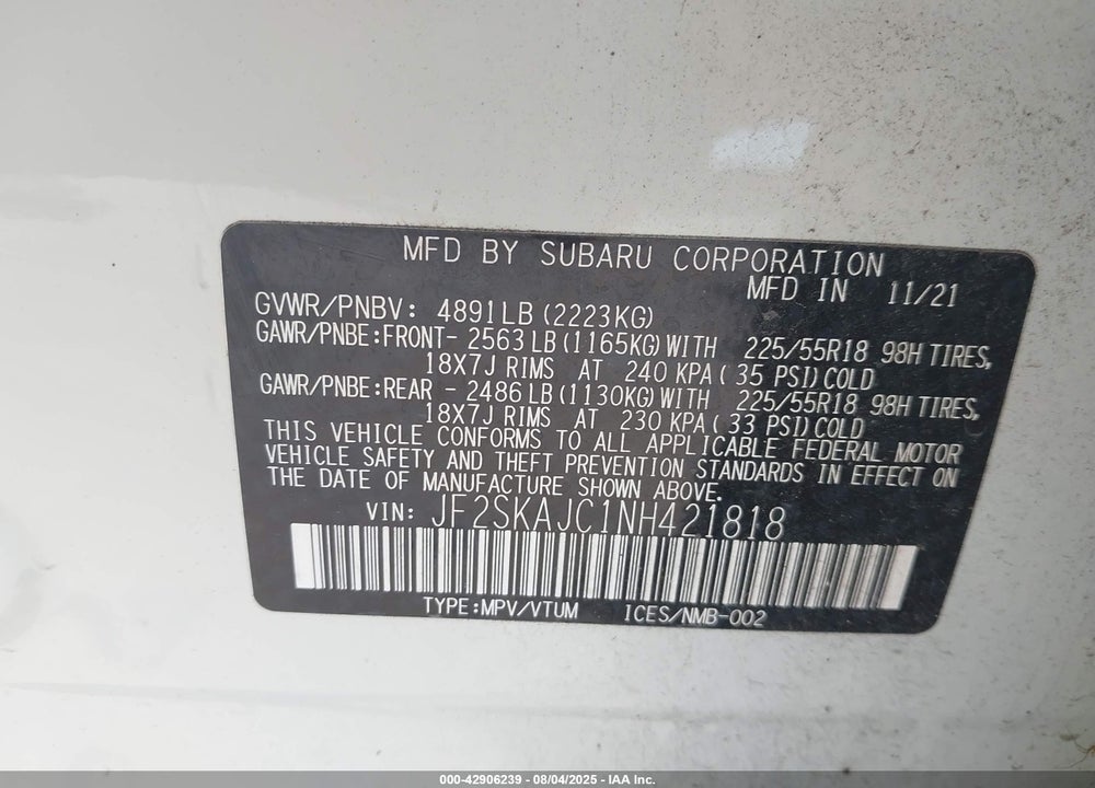 2022 SUBARU FORESTER VIN: JF2SKAJC1NH421818