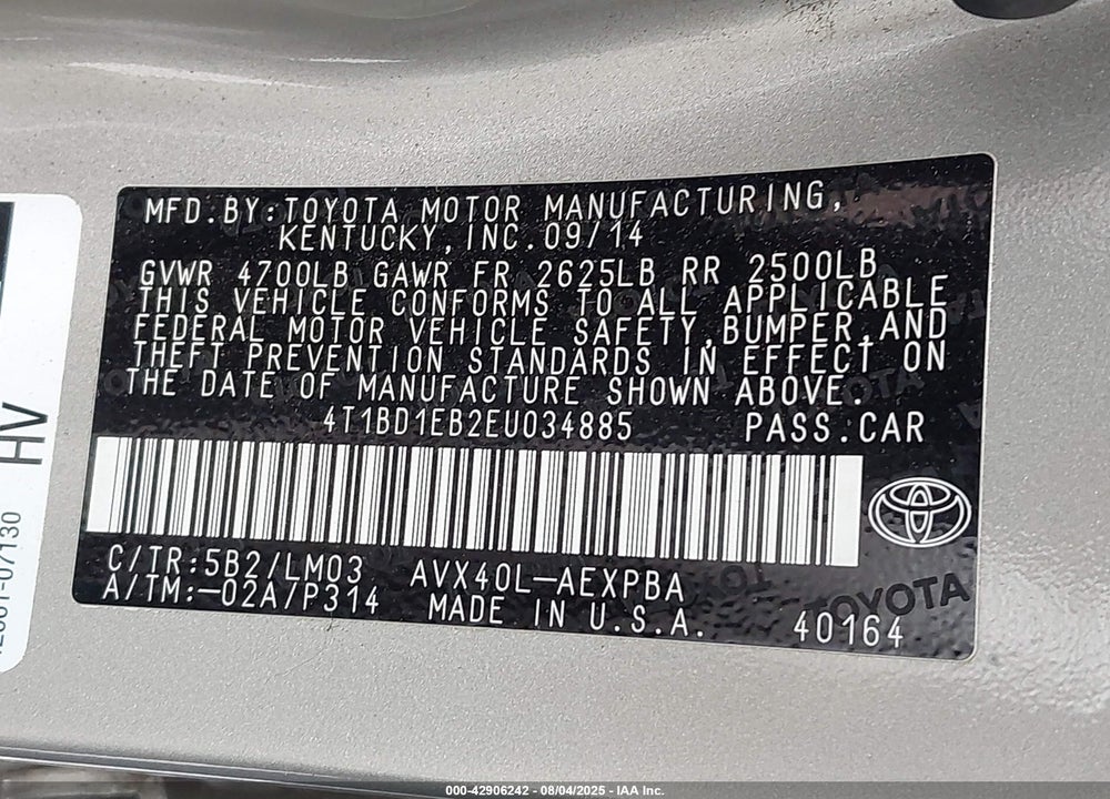 2014 TOYOTA AVALON HYBRID VIN: 4T1BD1EB2EU034885