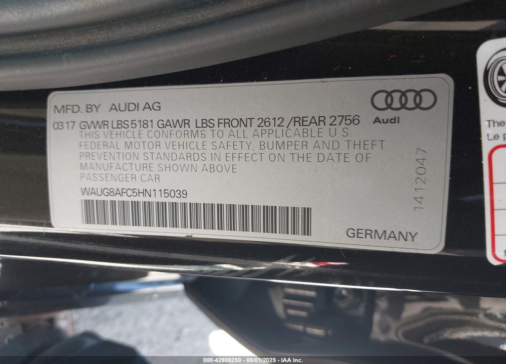 2017 AUDI A6 2.0T PREMIUM VIN: WAUG8AFC5HN115039
