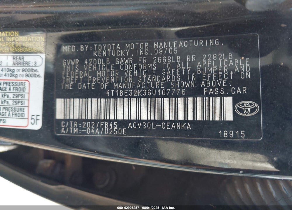 2006 TOYOTA CAMRY LE VIN: 4T1BE32K36U107776
