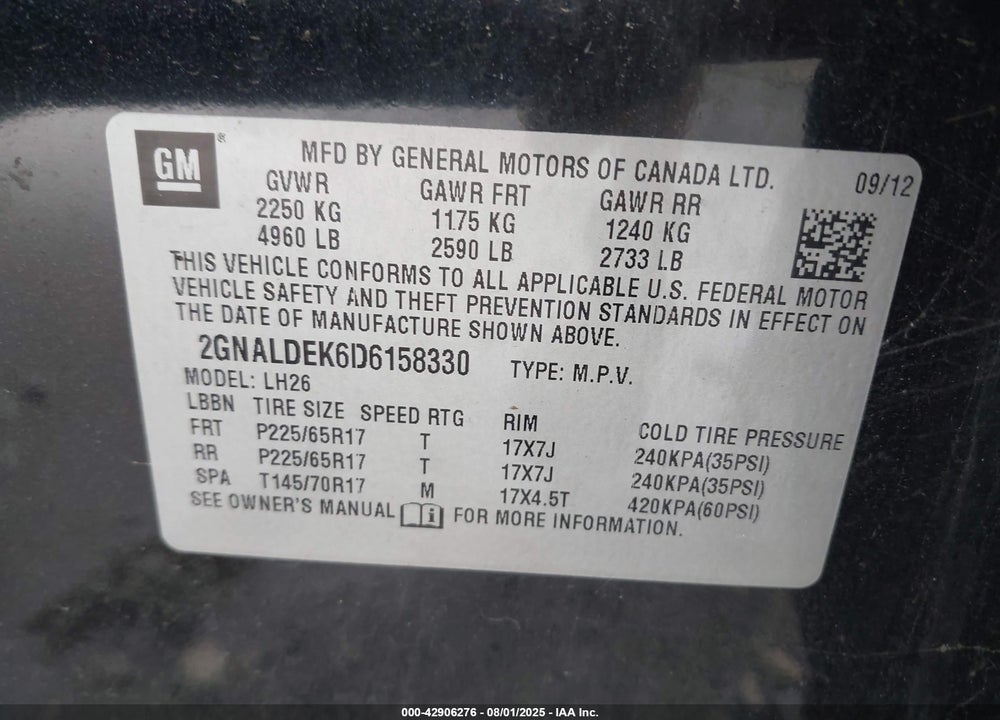 2013 CHEVROLET EQUINOX VIN: 2GNALDEK6D6158330