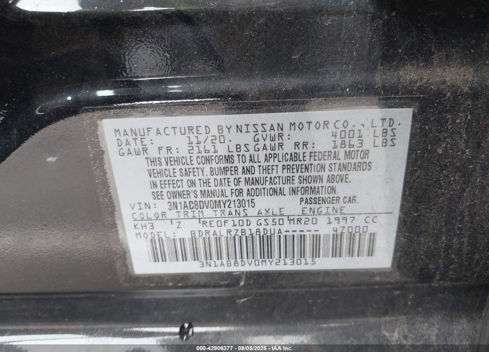 2021 NISSAN SENTRA VIN: 3N1AB8DV0MY213015