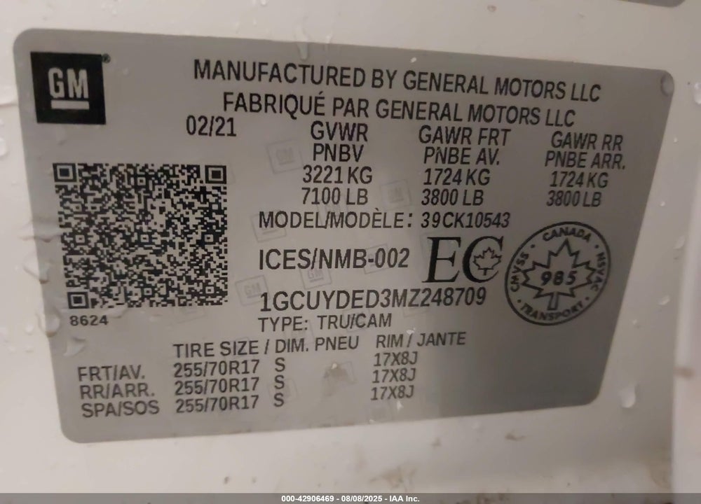 2021 CHEVROLET SILVERADO 1500 VIN: 1GCUYDED3MZ248709