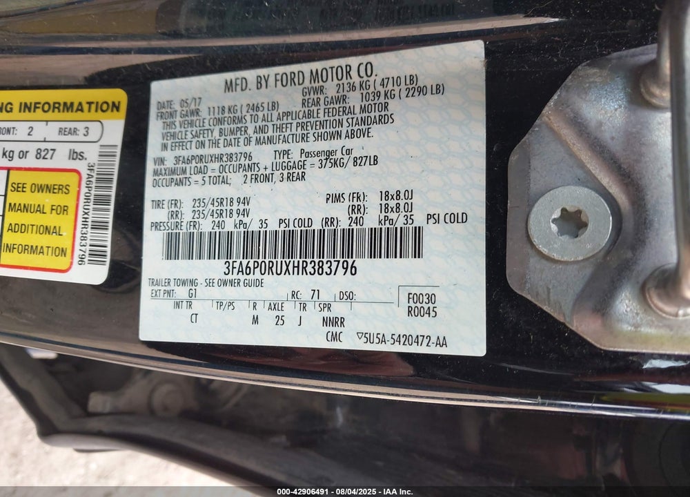 2017 FORD FUSION VIN: 3FA6P0RUXHR383796