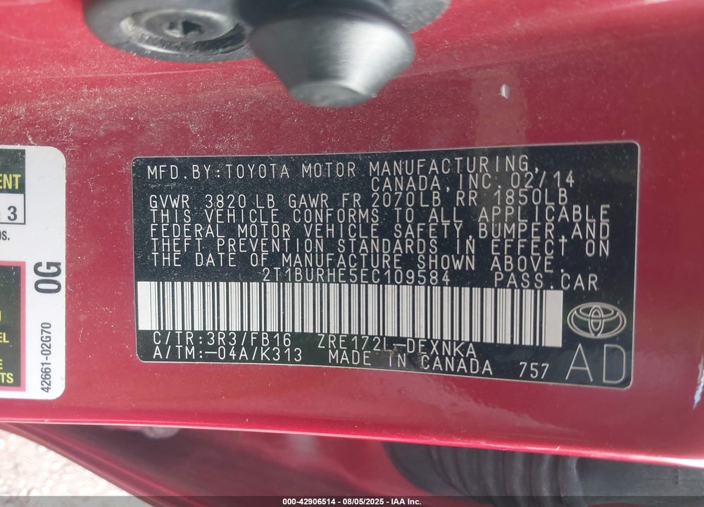 2014 TOYOTA COROLLA VIN: 2T1BURHE5EC109584