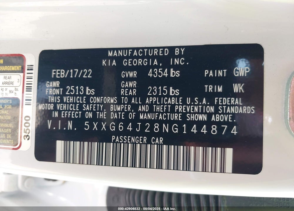 2022 KIA K5 VIN: 5XXG64J28NG144874