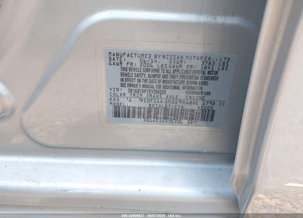 2014 NISSAN SENTRA VIN: 3N1AB7AP7EY264559