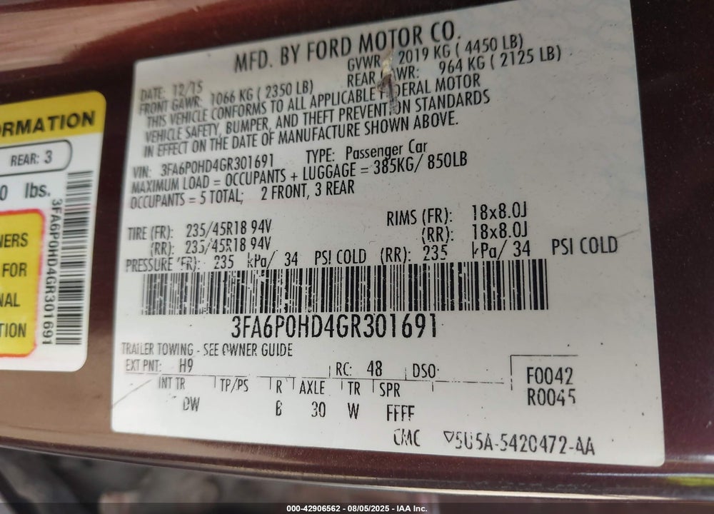 2016 FORD FUSION VIN: 3FA6P0HD4GR301691