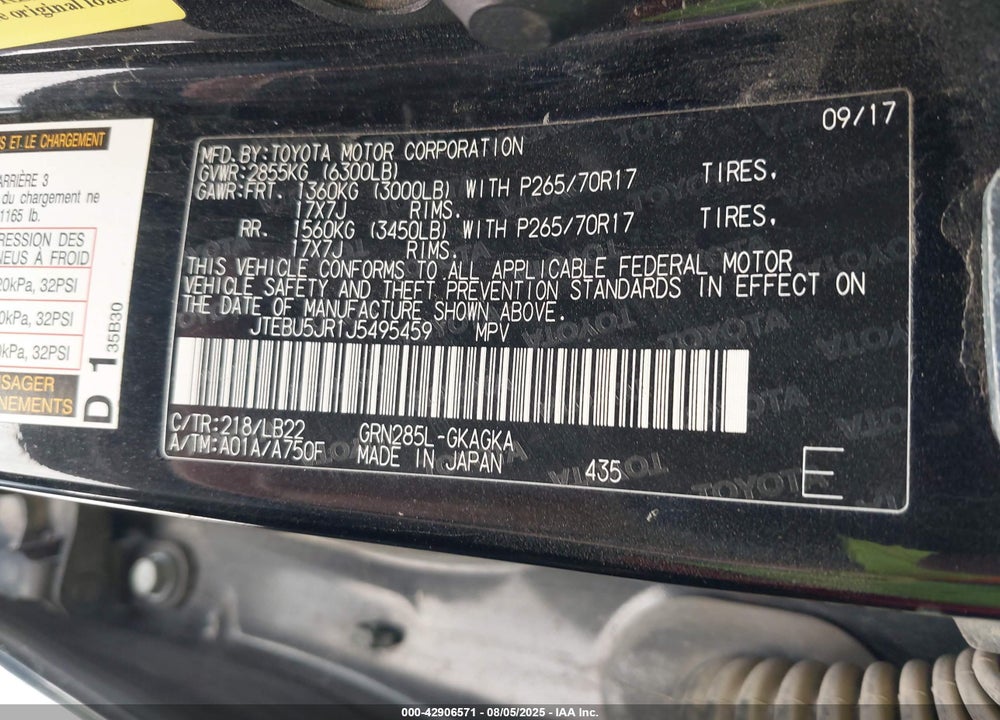 2018 TOYOTA 4RUNNER SR5 PREMIUM VIN: JTEBU5JR1J5495459