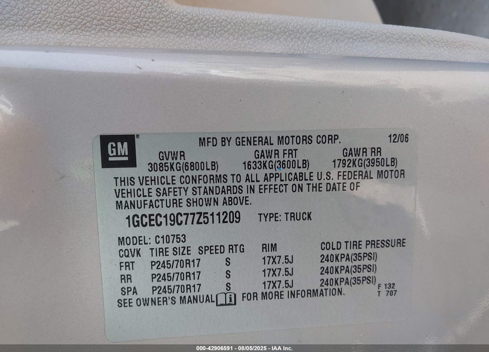 2007 CHEVROLET SILVERADO 1500 LT1 VIN: 1GCEC19C77Z511209