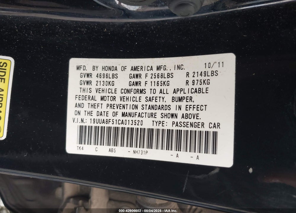 2012 ACURA TL VIN: 19UUA8F51CA013520