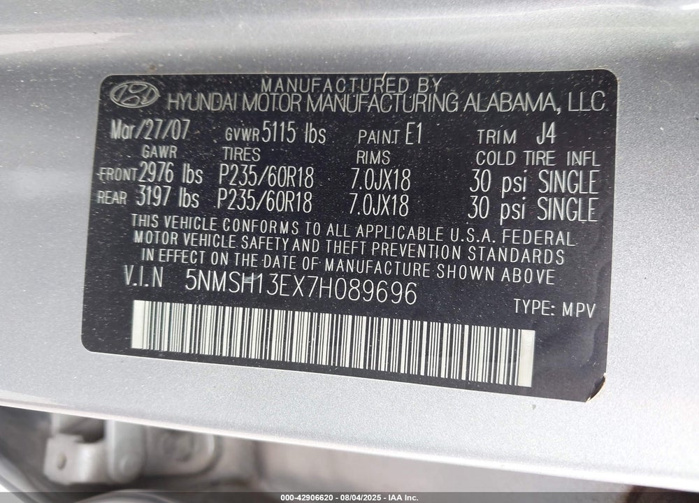 2007 HYUNDAI SANTA FE LIMITED/SE VIN: 5NMSH13EX7H089696
