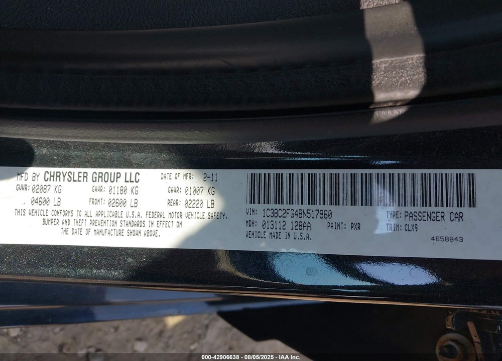 2011 CHRYSLER 200 VIN: 1C3BC2FG4BN517960