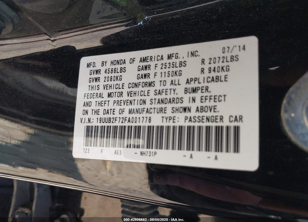 2015 ACURA TLX VIN: 19UUB2F72FA001778