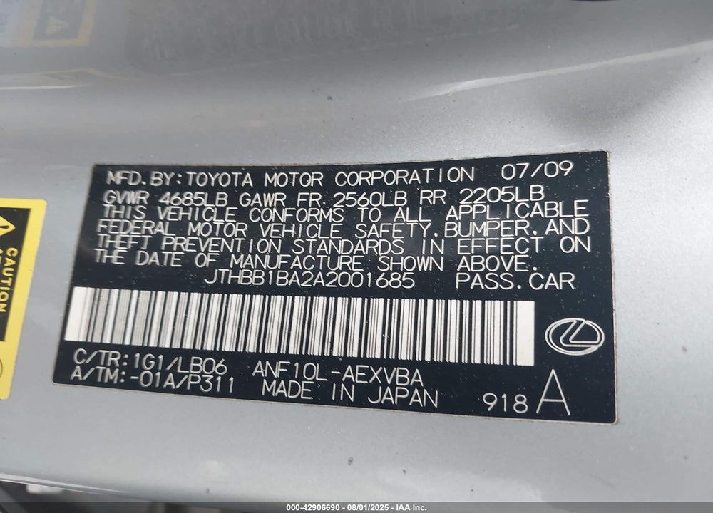 2010 LEXUS HS 250H BASE (ECVT) VIN: JTHBB1BA2A2001685