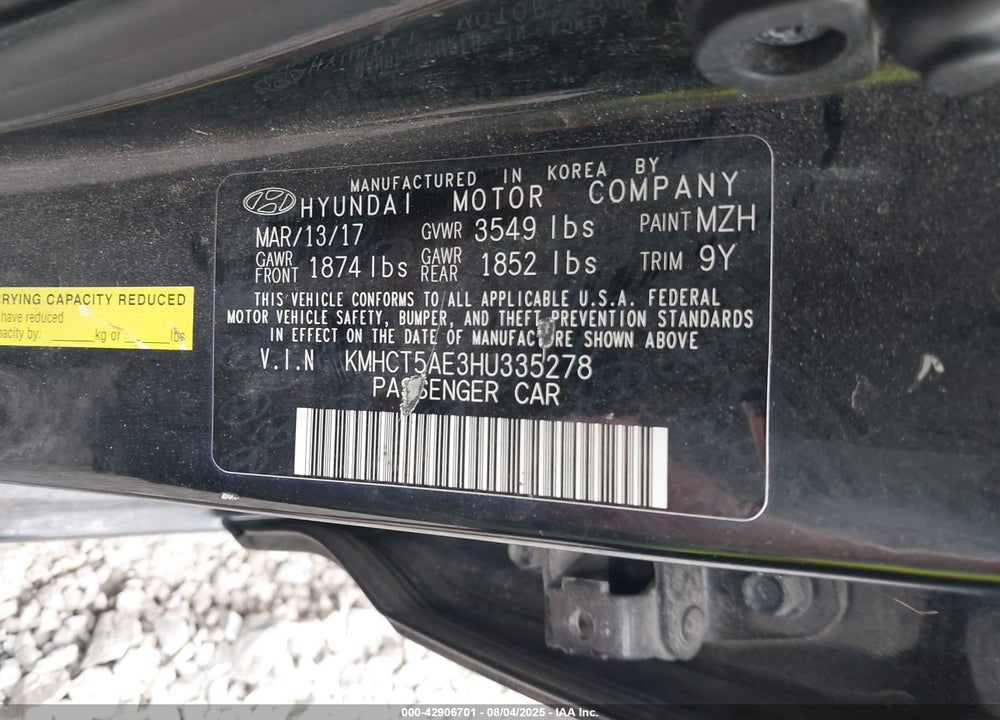 2017 HYUNDAI ACCENT VIN: KMHCT5AE3HU335278