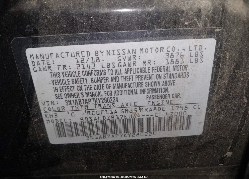 2019 NISSAN SENTRA VIN: 3N1AB7AP7KY280224