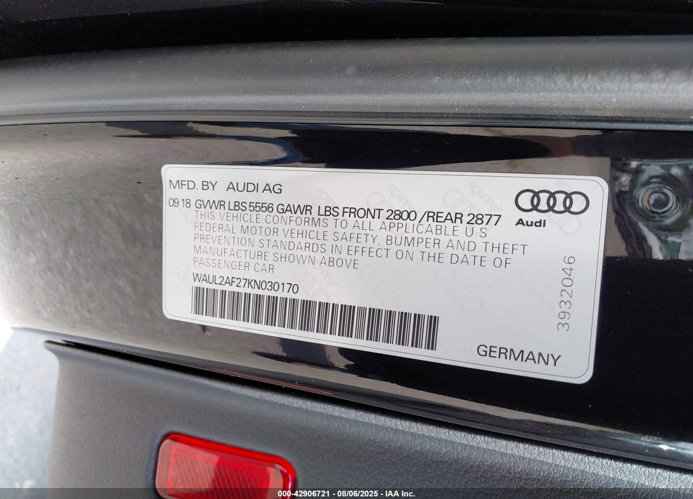 2019 AUDI A6 VIN: WAUL2AF27KN030170