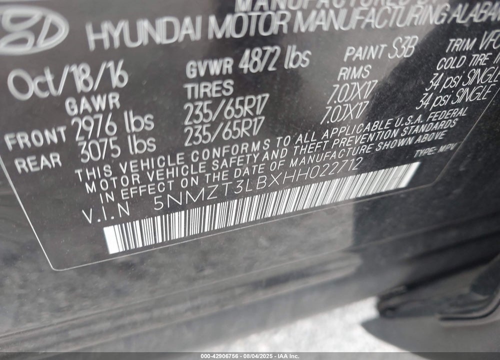 2017 HYUNDAI SANTA FE VIN: 5NMZT3LBXHH022712