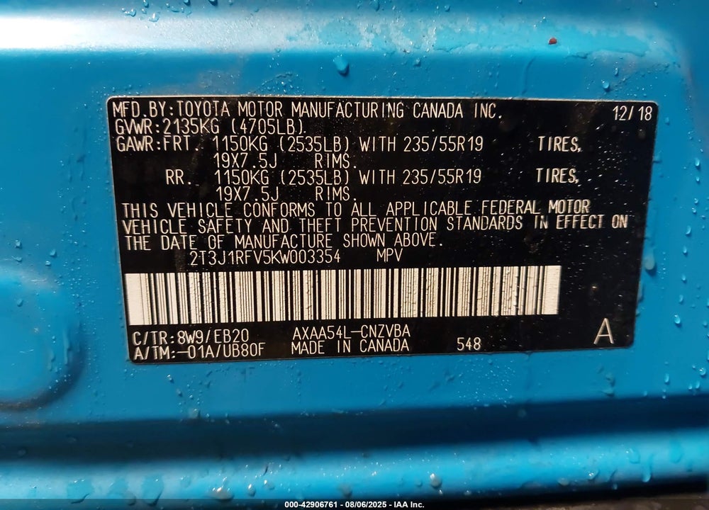 2019 TOYOTA RAV4 VIN: 2T3J1RFV5KW003354