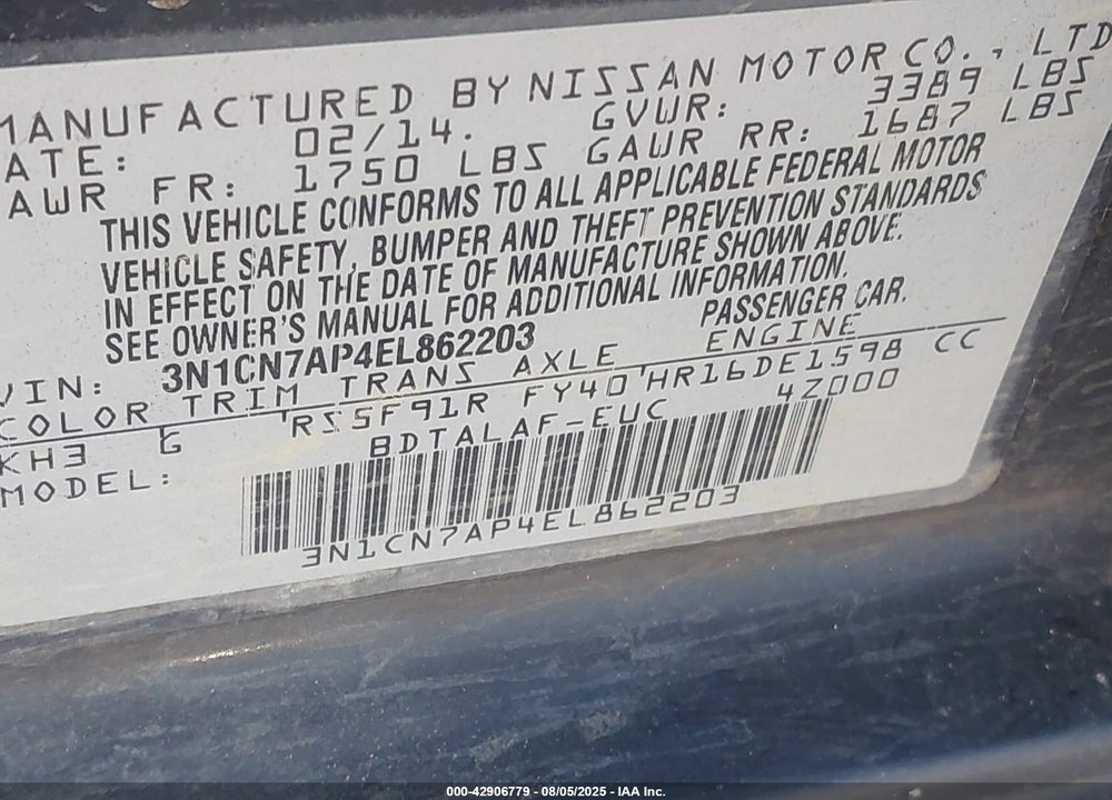 2014 NISSAN VERSA VIN: 3N1CN7AP4EL862203