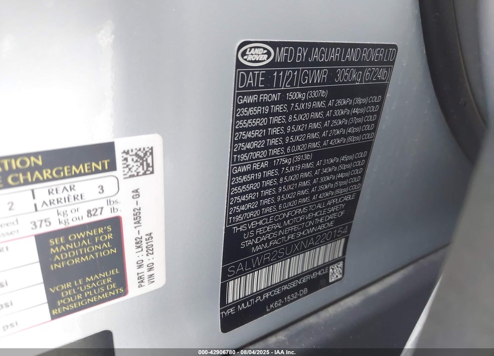 2022 LAND ROVER RANGE ROVER SPORT HSE SILVER EDITION MHEV VIN: SALWR2SUXNA220154