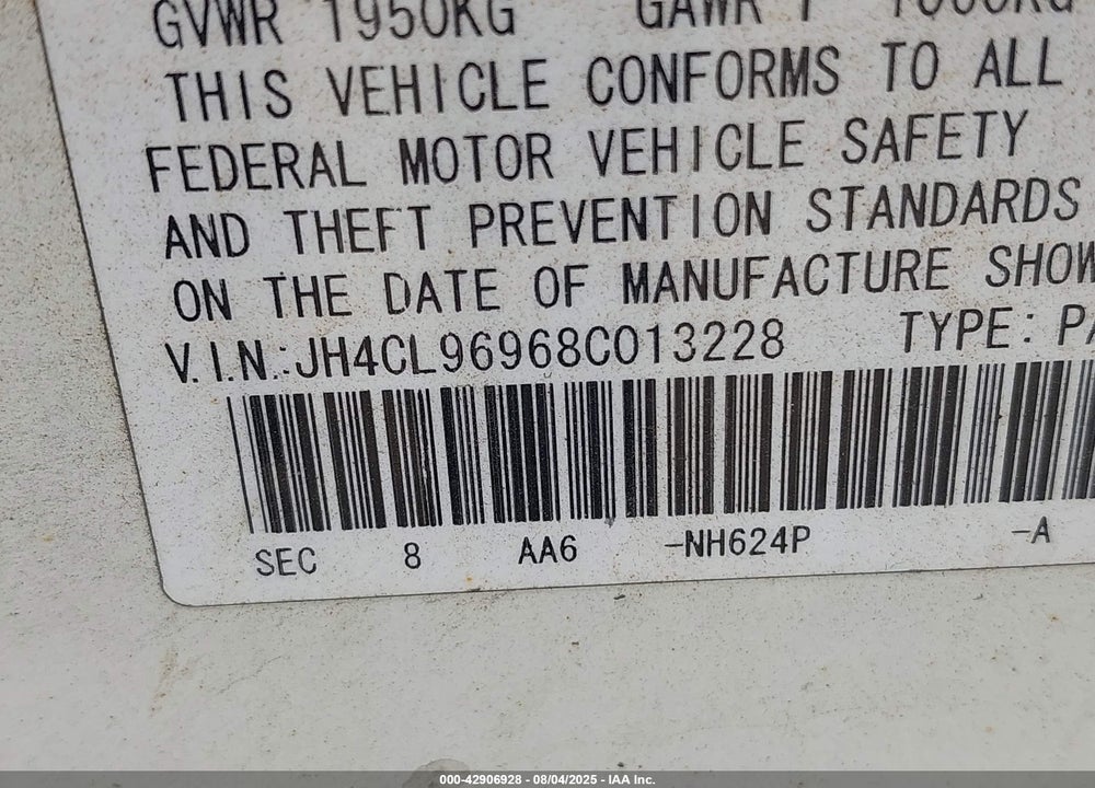 2008 ACURA TSX VIN: JH4CL96968C013228