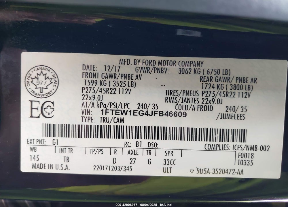 2018 FORD F-150 VIN: 1FTEW1EG4JFB46609