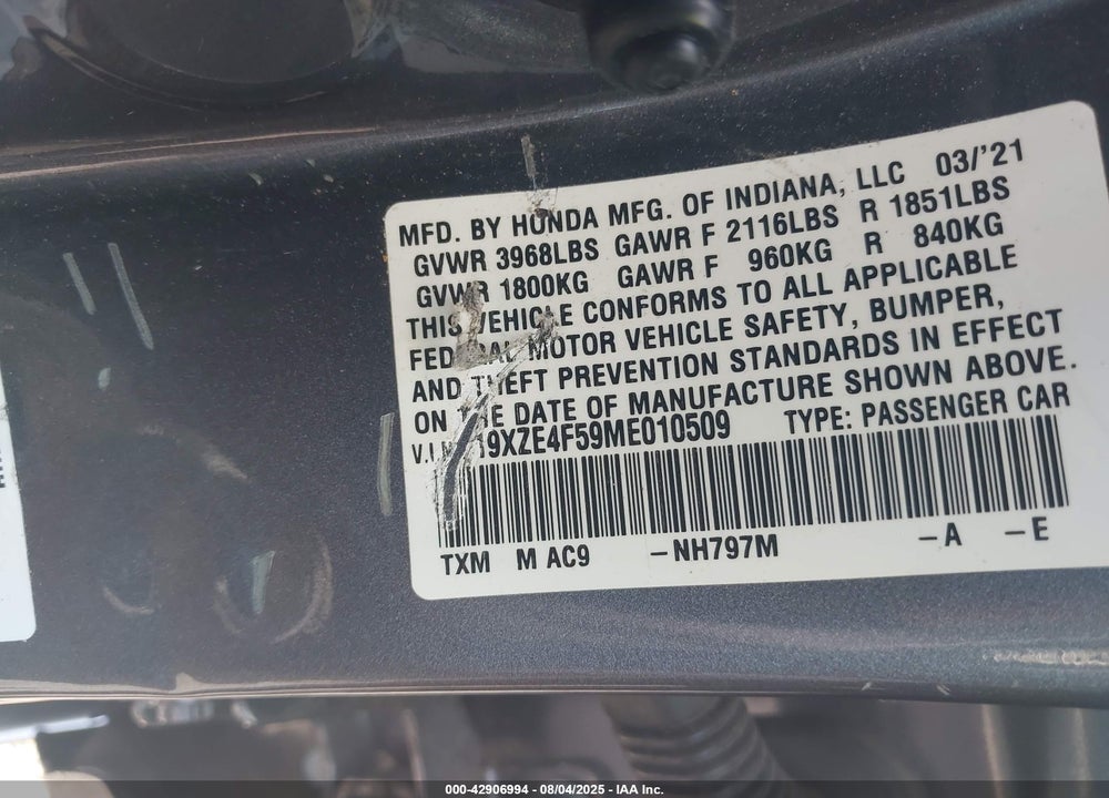 2021 HONDA INSIGHT EX VIN: 19XZE4F59ME010509