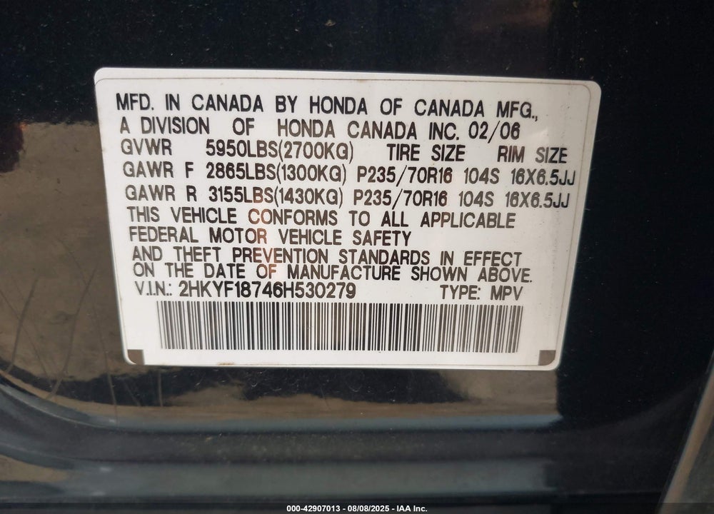 2006 HONDA PILOT EX-L VIN: 2HKYF18746H530279