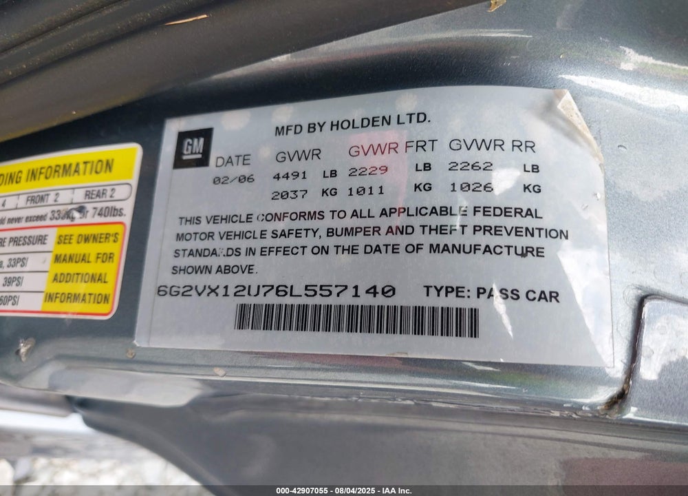 2006 PONTIAC GTO VIN: 6G2VX12U76L557140