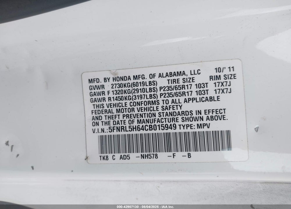 2012 HONDA ODYSSEY EX-L VIN: 5FNRL5H64CB015949