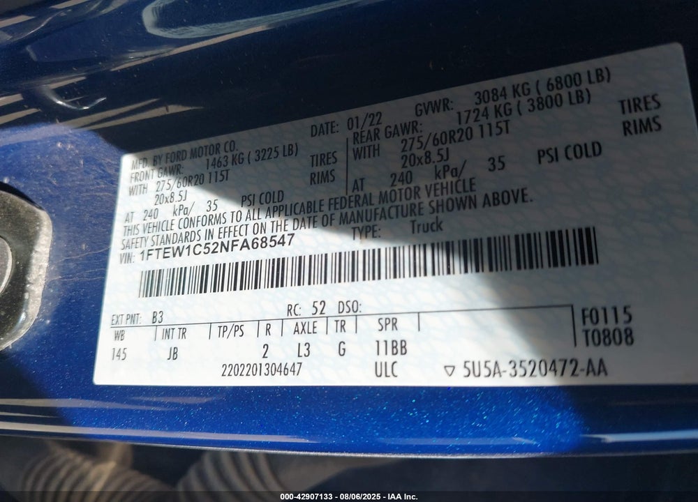 2022 FORD F-150 VIN: 1FTEW1C52NFA68547