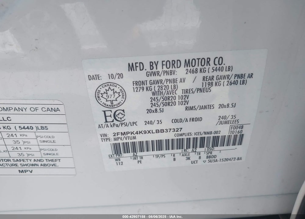 2020 FORD EDGE VIN: 2FMPK4K9XLBB37327