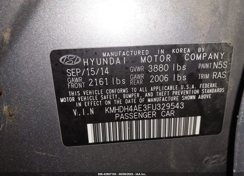 2015 HYUNDAI ELANTRA SE VIN: KMHDH4AE3FU329543