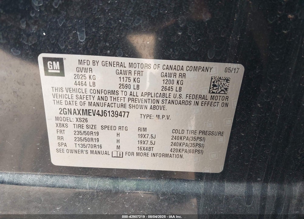 2018 CHEVROLET EQUINOX VIN: 2GNAXMEV4J6139477