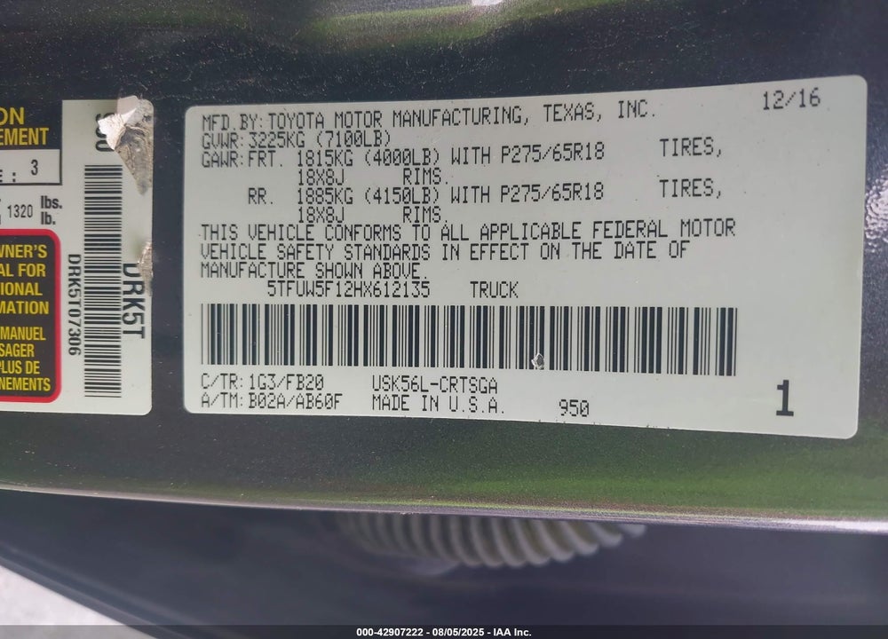 2017 TOYOTA TUNDRA VIN: 5TFUW5F12HX612135