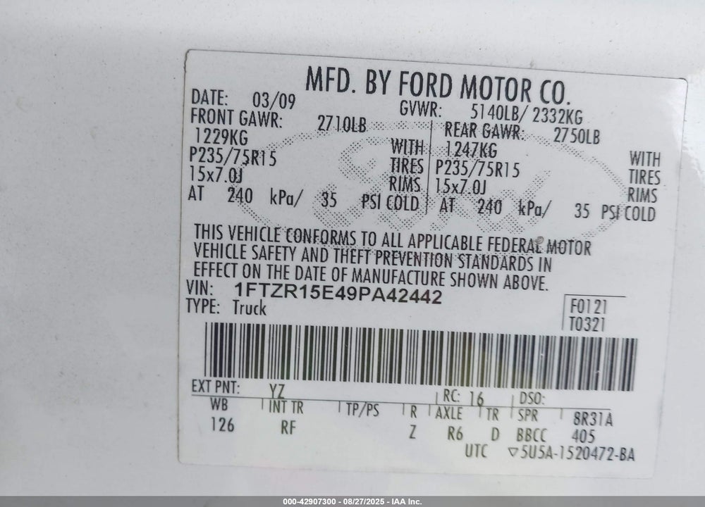 2009 FORD RANGER VIN: 1FTZR15E49PA42442
