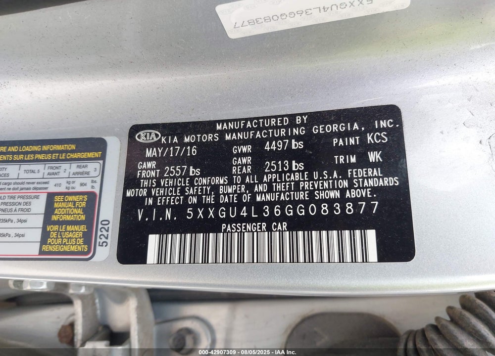 2016 KIA OPTIMA EX VIN: 5XXGU4L36GG083877