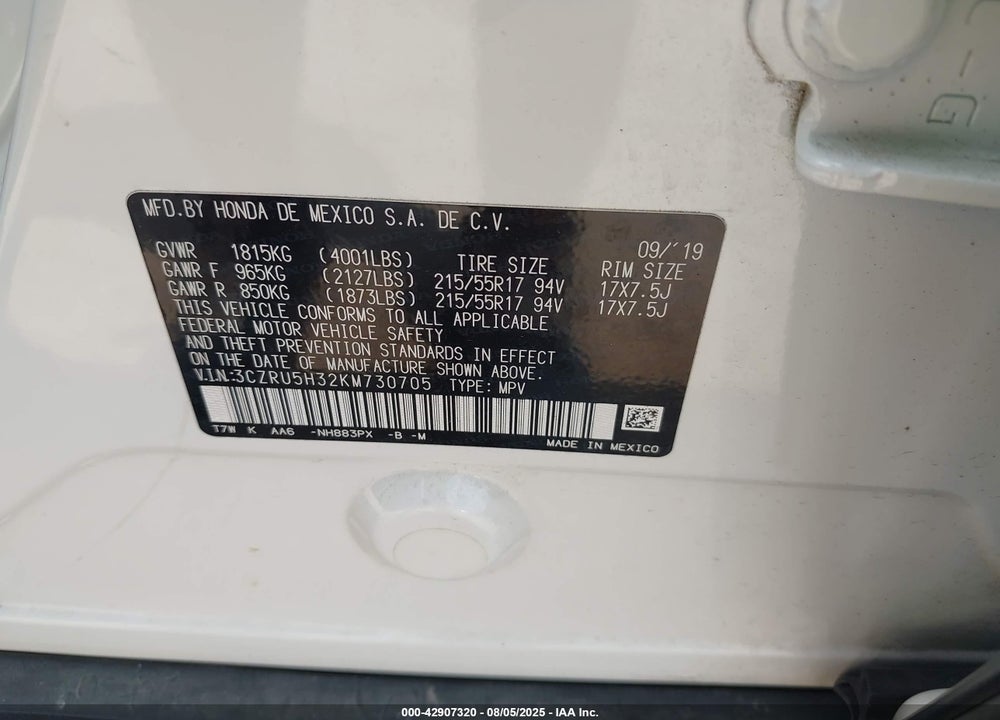 2019 HONDA HR-V VIN: 3CZRU5H32KM730705