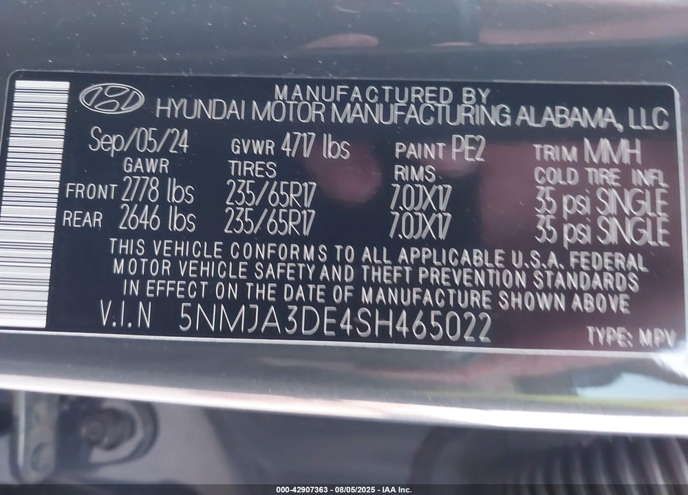 2025 HYUNDAI TUCSON VIN: 5NMJA3DE4SH465022