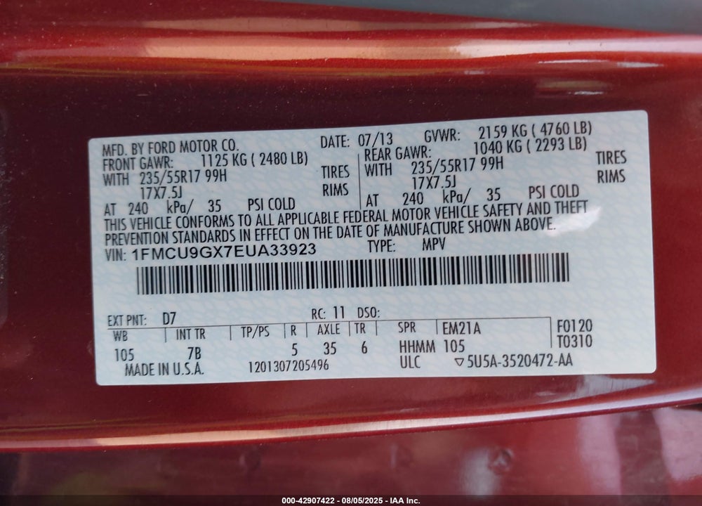 2014 FORD ESCAPE VIN: 1FMCU9GX7EUA33923