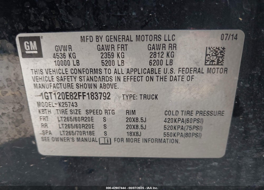 2015 GMC SIERRA VIN: 1GT120E82FF183792