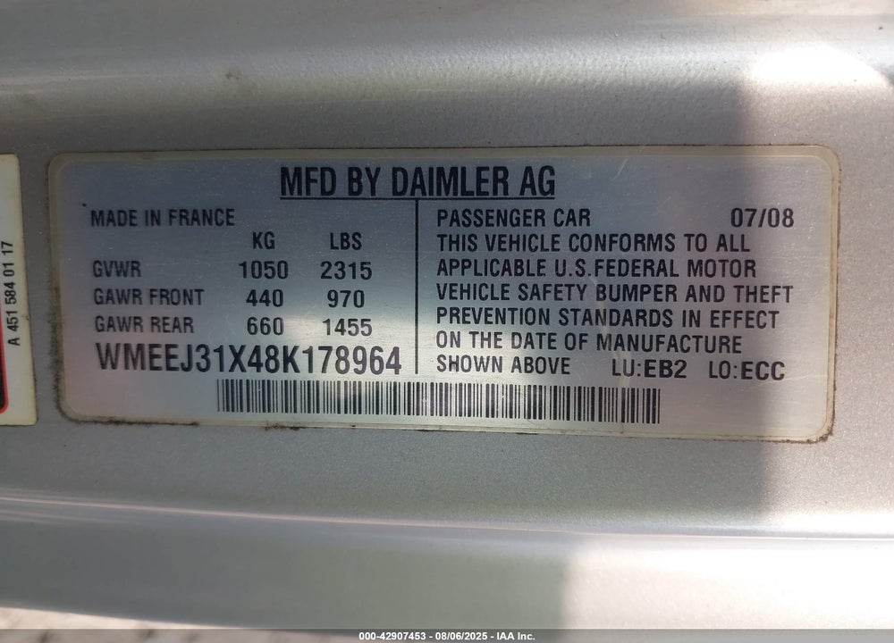 2008 SMART FORTWO VIN: WMEEJ31X48K178964