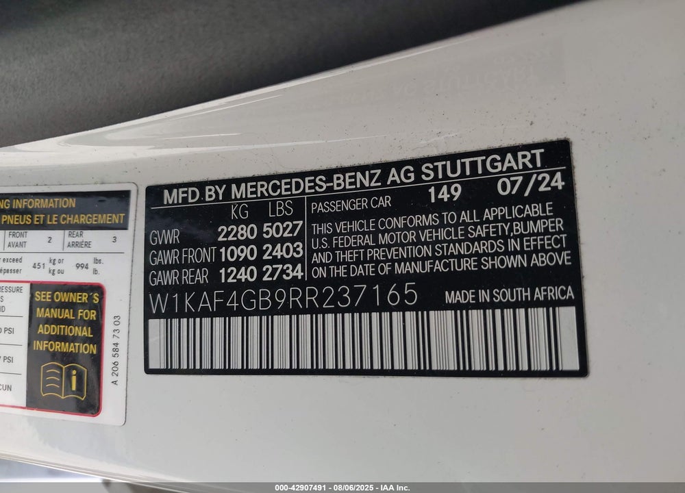 2024 MERCEDES-BENZ C CLASS VIN: W1KAF4GB9RR237165