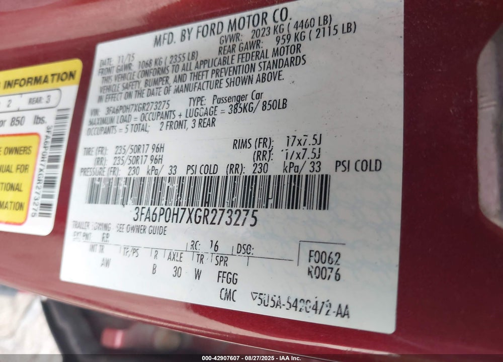 2016 FORD FUSION SE VIN: 3FA6P0H7XGR273275