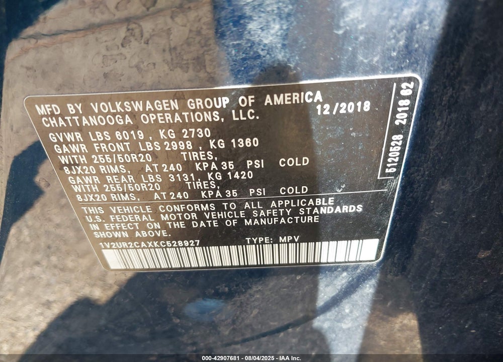 2019 VOLKSWAGEN ATLAS VIN: 1V2UR2CAXKC528927